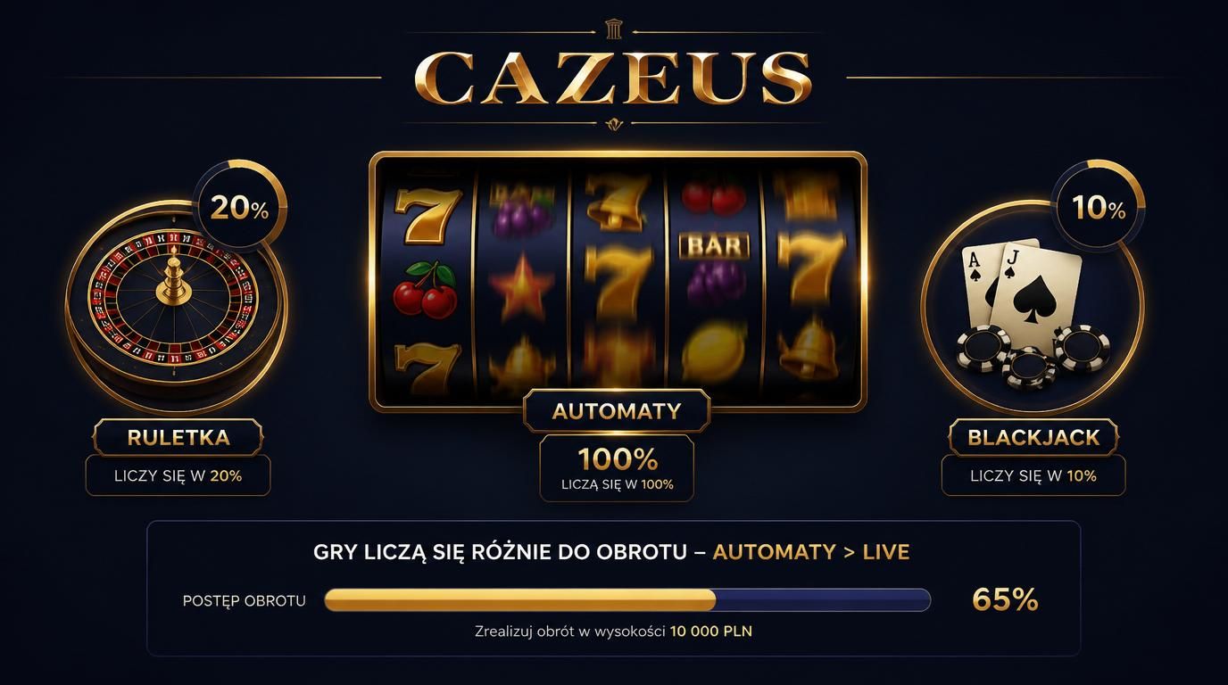 Interfejs kasyna z automatami i stołami, pasek postępu oraz tekst po polsku.