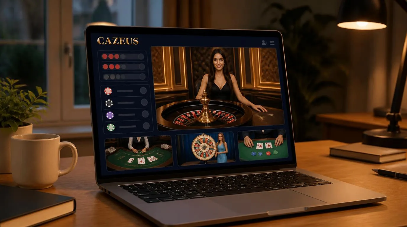 Krupier przy stole ruletki na ekranie laptopa, obok widoczny wybór gier kasyna na żywo
