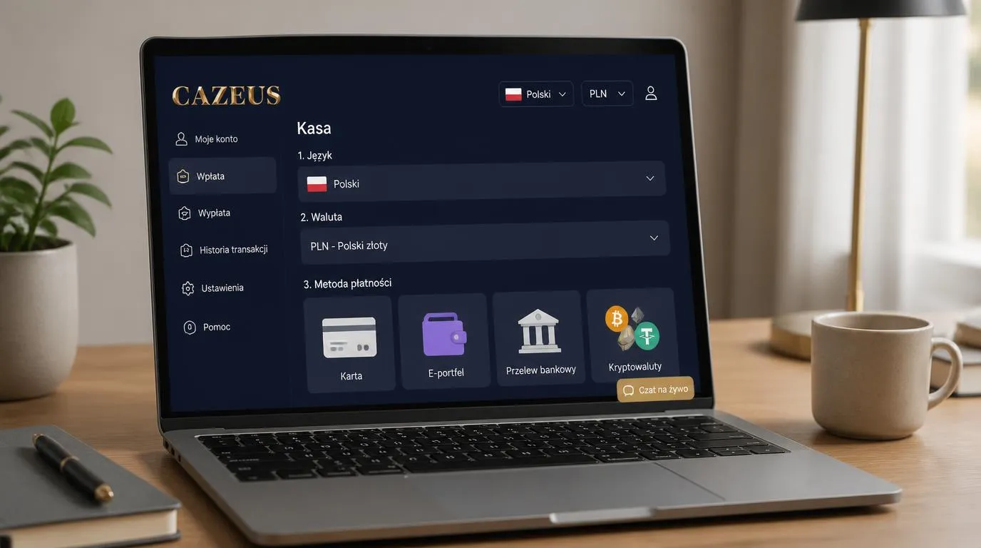 Widok kasy kasyna z wyborem języka polskiego, waluty PLN i metody płatności